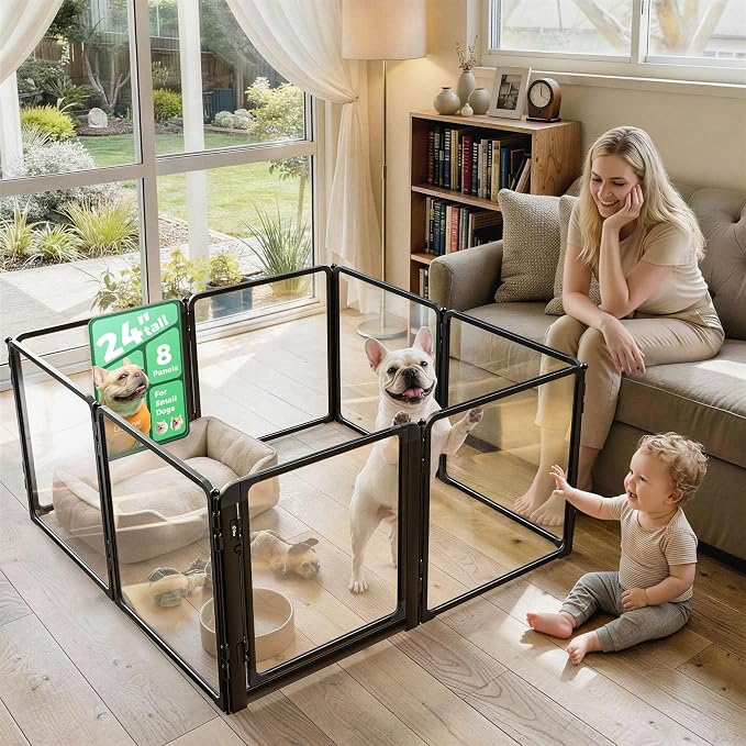 FXW AuraSpace Pro Clear Acrylic Indoor Dog Playpen, 24" H, 8 Panels | Open View, No Climbing Bars, Heavy-duty Metal, DIY Layouts, Easy Access, For Puppies & Small Dogs, Patented