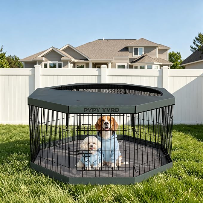 Dog Playpen with Top Cover and Bottom Pad,Foldable Playpen,8 Panels 30" H | Metal Puppy Play Pen,with Door for Indoor Outdoor,Pet Exercise Fence for Small Medium Animals