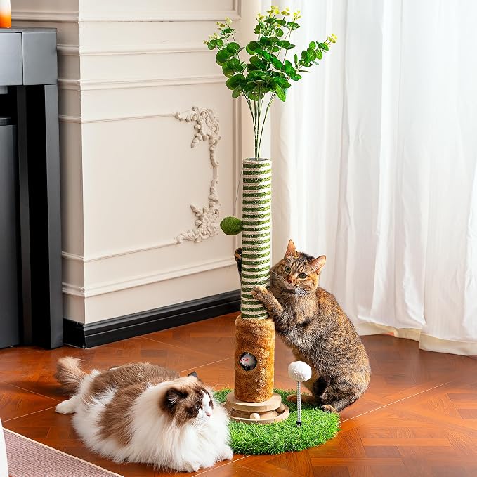 Cat Scratching Post 39'' Tall with Interactive Ball & Mouse Hole | For Indoor Adult Cats, Sisal Rope Cat Tree Tower. Kitty Scratcher Furniture with Artificial Grass Tree for Kittens Cat Toys