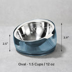 Felli Pet Oblik Acrylic Raised Dog Food Water Bowl Stainless Steel Slanted Oval Dish for Short Leg Puppy & Small Medium Pet, Elevated Tilted Metal Feeder (Shadow, 1.5 Cups Oval Dish)