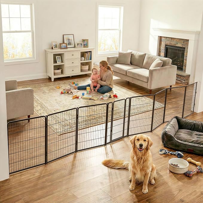 FXW Dog Gate, Extra Wide Adjustable for Openings Up to 219", 40" H | Flexible Space Control, Easy Walk-Through Access, 7 Panels + 1 Gate, For Medium & Large Dogs, Garage Use