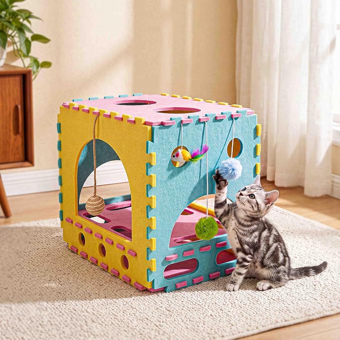 Cat Houses for Indoor Cats, Cute Cat Bed Cave with Soft Pillow, Cat Cube for Multiple Large Cats, Fun Dice Shaped, 17 Inches