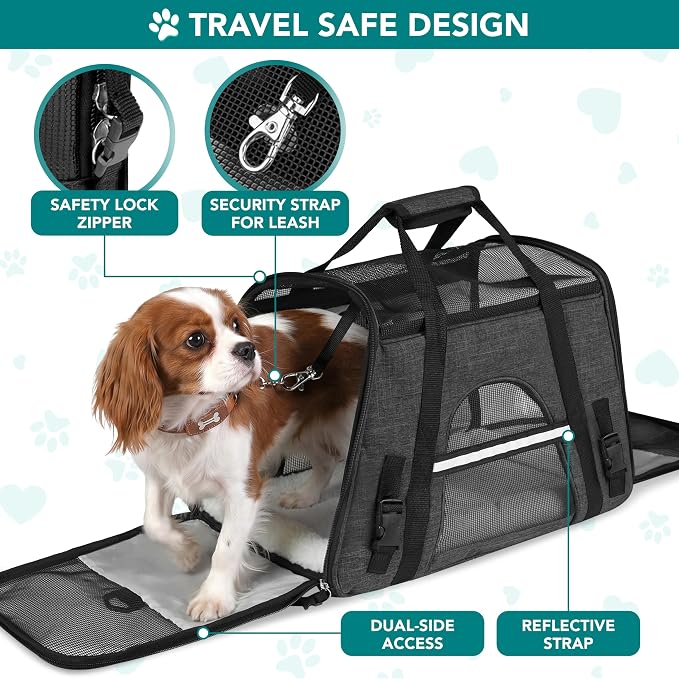 PetAmi Airline Approved Pet Carrier for Cats & Small Dogs, Soft Sided TSA Travel Carrier Bag with Sherpa Bed, Breathable Mesh Ventilation, Collapsible Bowl, Up to 18 lbs, Small Heather Dark Gray