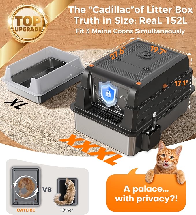 CATLIKE XXXL Stainless Steel Cat Litter Box - 3-Layer Urine Leak-Proof, Enclosed Design w/Charcoal Filter for Maine Coon & Multi-Cat Homes, Includes Metal Scoop & Extra Large Mat (2026 Upgrade)