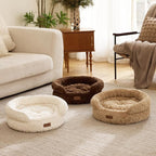 FUKUMARU Round Cat Bed, Plush Washable Calming Dog Bed with Low Entry | Raised Bolster Small Dog Bed, Soft Cozy Donut Cat Bed for Indoor Cats, Faux Rabbit Fur & Anti-Slip Bottom, 20 Inch, Camel