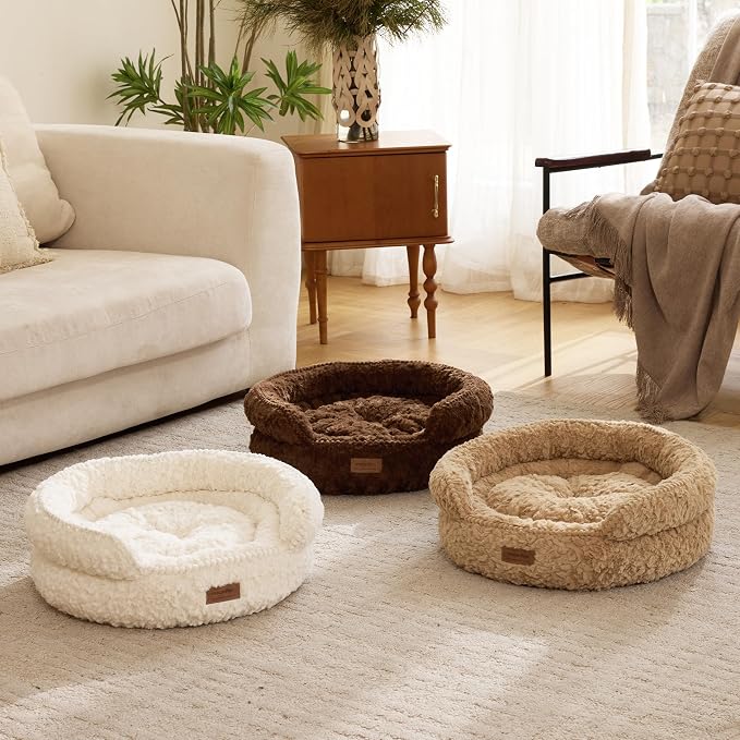 FUKUMARU Round Cat Bed, Plush Washable Calming Dog Bed with Low Entry | Raised Bolster Small Dog Bed, Soft Cozy Donut Cat Bed for Indoor Cats, Faux Rabbit Fur & Anti-Slip Bottom, 20 Inch, Camel