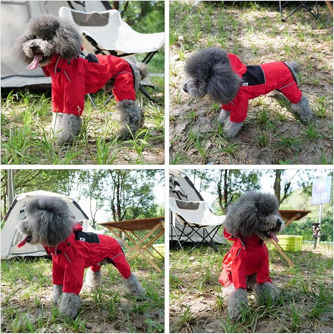 LOVELONGLONG Waterproof Dog Raincoat with Removable Hood – Outdoor Full Body Dog Jacket, Windproof Snowproof Shell Suit – All Season Pet Rain Gear Red XS
