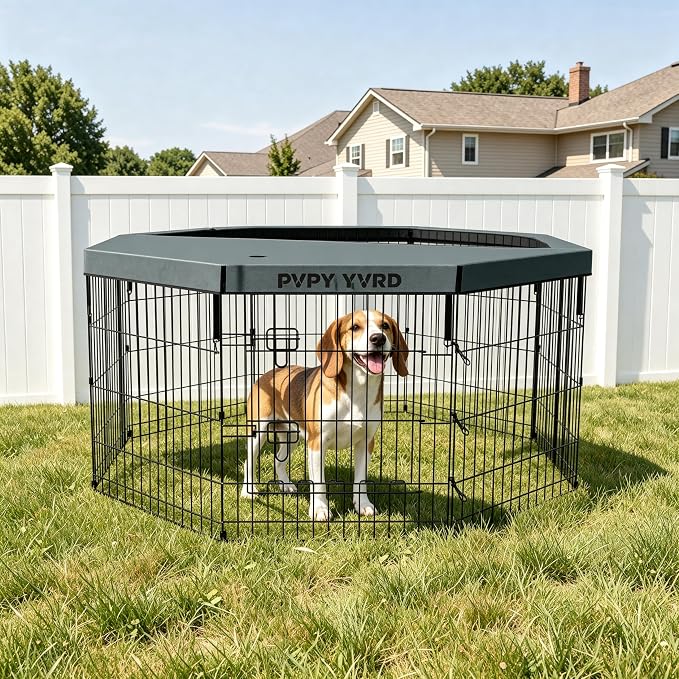 Puppy Playpen with Top Cover,Dog Pen Foldable Dog Fence 8 Panels 30 Inch | Dog Playpen with Door for Indoor Outdoor,Dog Exercise Fences for Small Medium Animals