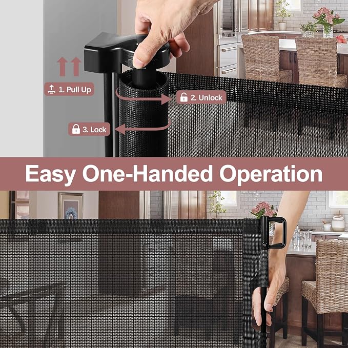 85" Wide Retractable Baby Gate for Stairs, Long Dog Gate, Indoor/Outdoor | Retractable Gate for Deck/Doorway, Easy One-Hand Operation Safety Lock, Scratch-Resistant Mesh Baby Gate, Easy Install, Black