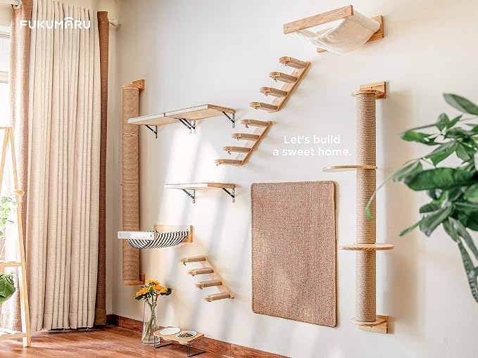 FUKUMARU Cat Climbing Shelf Wall Mounted, Small | Four Step Cat Stair, Natural Jute Scratching, Solid Rubber Wood, Kitten Shelves Furniture