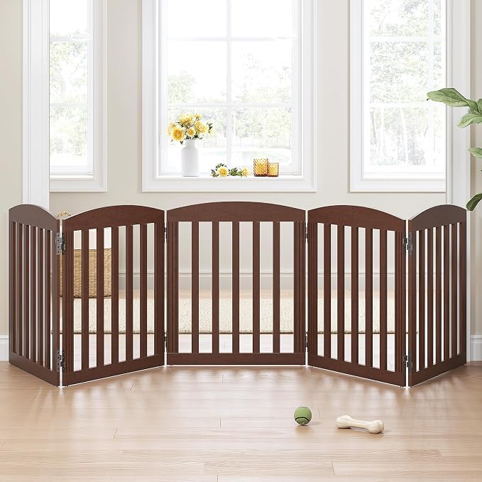 SPIRICH 120" Extra Wide 28" Tall Dog Gate Indoor, Dog Gates for Doorways, Stairs, The House, Wooden Freestanding Foldable Pet Gate, Step Over Puppy Safety Fence, 5 Panels, Brown