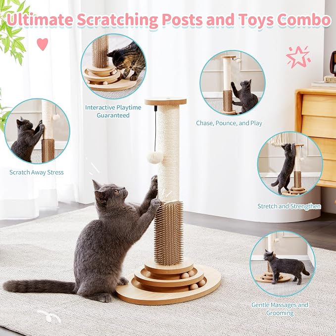 Made4Pets Cat Scratching Post for Indoor Cats with Self Groomer, 23" | Cat Scratcher with Natural Sisal Rope, Stable Base and Interactive Ball Track, Cat Toys for Kittens and Small Indoor Cats