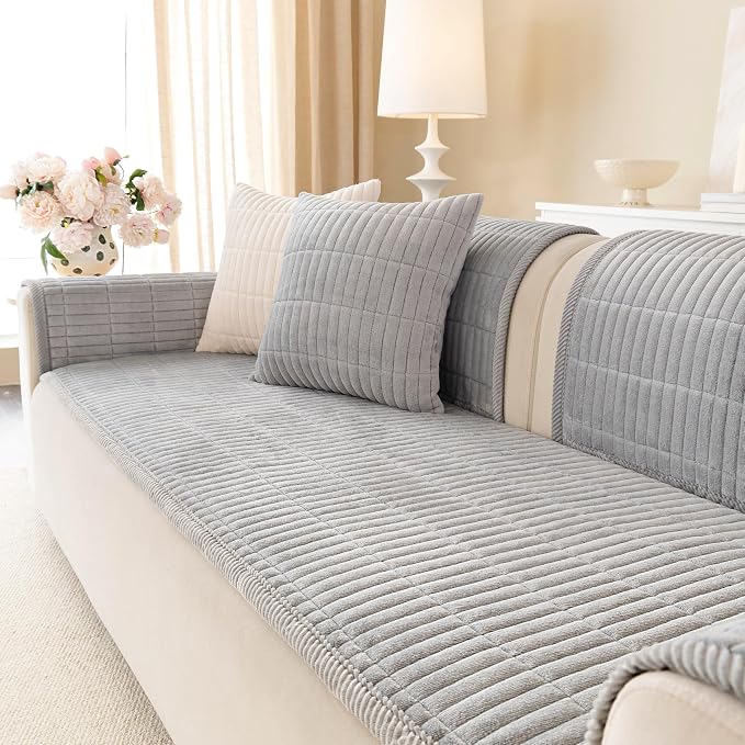 Velvet Washable Dog Couch Cover, Non-Slip Waterproof Pet Sofa Protector for Cushion Sectional, L-Shaped Sofa & Loveseat, Machine Washable(1PC/27.6"x27.6",Light Grey)