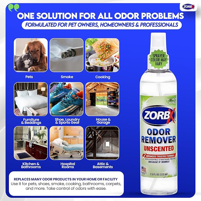 ZORBX Unscented Odor Eliminator 7.5 Oz 4-Pack, Multi-Room, Hospital-Grade | Permanent Odor Remover for Pet & Human Urine, Smoke & Strong Odors, Carpet, Upholstery, Mattress, Bathroom, Basement & More
