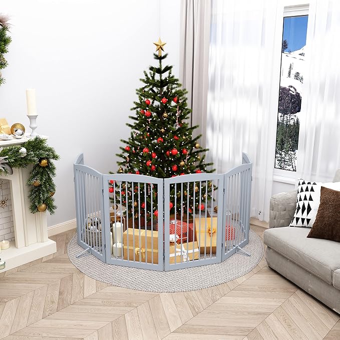 PUPETPO Freestanding Pet Gate for Dogs, Indoor Wooden Foldable Dog Gate for House, Extra Wide, Pet Fence for Stairs, Doorways, Halls, Support Feet Included, 120 Inch Wide, 6 Panels 32",Grey