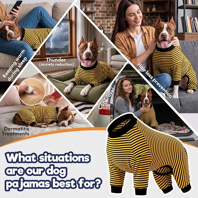 LovinPet Dog PJS Clothes for Giant Dogs, Pitbull Pure Cotton Yellow and Black Stripe Dog Shirt, 4-Legged Design, Full Body Coverage, Pajamas for Pitbulls, Onesies for Dogs, 2XL