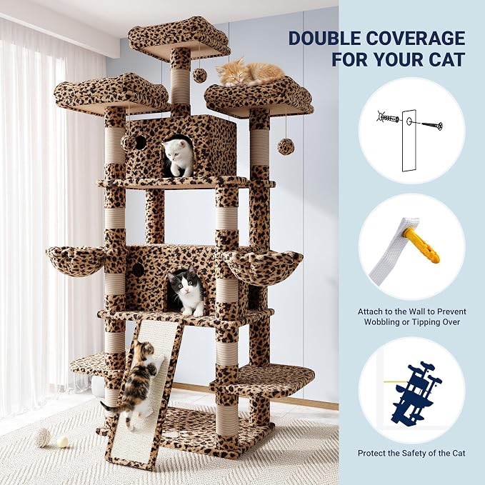Allewie 82 Inches Large Cat Tree/House/XXL Tall Cat Towers for Big Feline/Scratching Post/Multi-Level Large Kitty Climbing Tree with Condo/Leopard Print