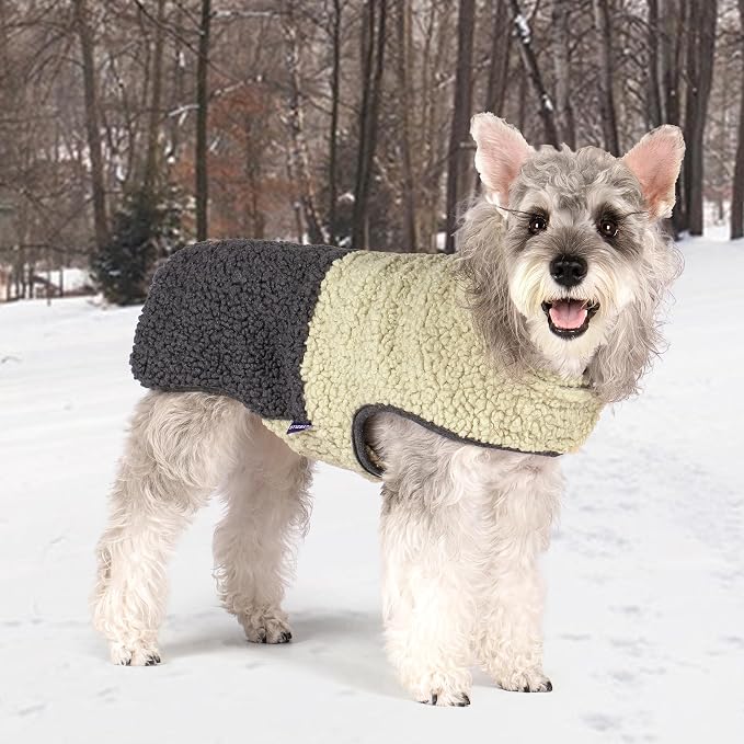 cyeollo Warm Dog Coat Sherpa Dog Winter Coat, Reversible Fleece Doggie Jackets Sweater Vest for Small Dogs Male with Leash Hole, Soft Cold Weather Pet Clothes, Khaki M