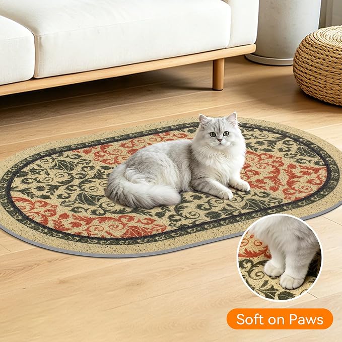 Cat Litter Mat, 24"x15" High Density PVC Litter Rug Trapping Mat, Non-Slip, Waterproof & Urine-Proof Litters Catcher Mats, Keep Floor Clean, Soft on Kitten Paws, Cat Essentialss Brown-Green
