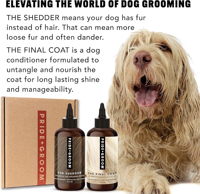 Pride and Groom The Shedder Box Set – Deshedding Dog Shampoo & Conditioner with All Natural Blend of Essential Oils & Ingredients to Moisturize & Untangle Curly and Wavy Coats – 32oz