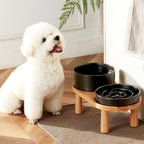 Ceramic Slow Feeder and Water Bowl Set for Medium and Large Dogs, 8.0 Inches Ceramic Dog Bowls Elevated with Wooden Stand, 2.0 Cups Dog Slow Feeder(30oz) and 70oz Water Bowl Set, Black