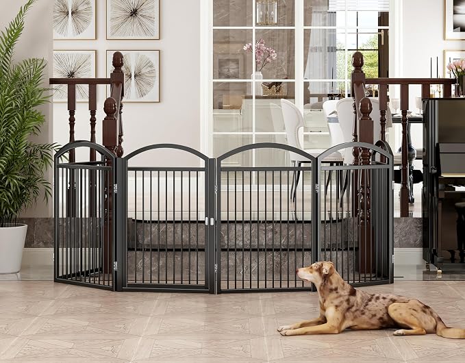 Folding Pet Fence 144" Wide, 32" Tall,Freestanding Dog Gate with Door,Black | 6 Panels No-Assembly Metal Pet Fence Walk Through,Extra Accordion Puppy Folding Playpen for Doorways, Stairs,House