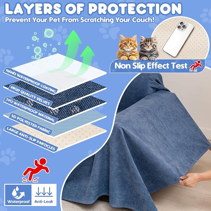 Loiion Cat Scratch Proof Furniture Protector Waterproof Sofa Cover 134"x71" | Pet-Friendly Couch Protector, Anti-Scratch & Anti-Slip Sofa Cover For Cats Dogs Kids, Machine Washable