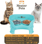 Neater Feeder Deluxe Mess-Proof Elevated Cat Bowls, 2 Height Adjustable (6” & 7.5”) No-Spill Raised Cat Bowl Stand, Whisker Friendly Stainless Steel Dishes for Indoor Cats, Made in USA, Aquamarine