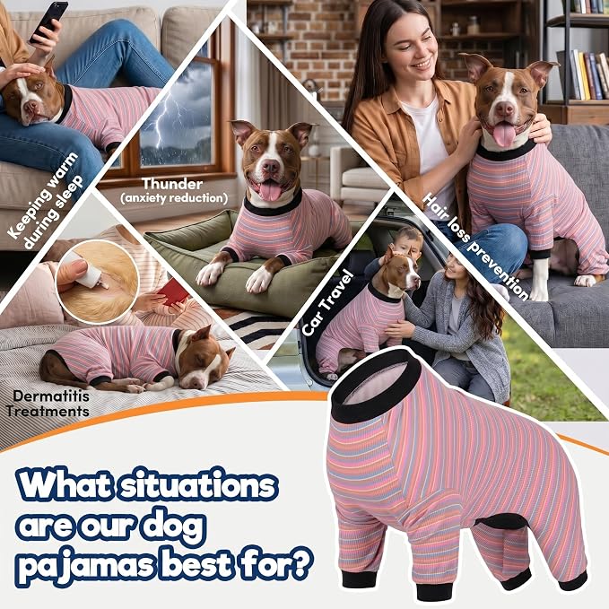 LovinPet Large Dog Pajamas, Cotton Multicolor Stripe Big Dog Shirt, Stop Shedding for Dogs, Full Body Dog Onesie, Pet Pajamas for Dogs, Pet PJ's, M