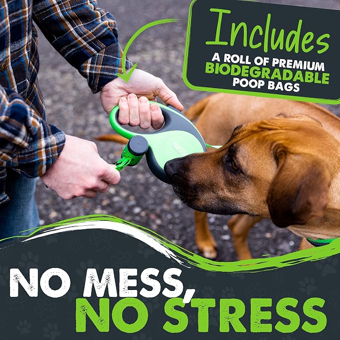 Mighty Paw Retractable Dog Leash with Poop Bag Holder, 16 Ft | Quick-Lock Braking, Tangle-Free Swivel Clip, Reflective Nylon Tape, Stainless Steel Coil, Fits Small to Large Pets