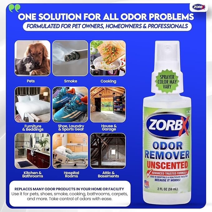 ZORBX Unscented Odor Eliminator for Strong Odor 2 Fl Oz, Pack of 1 - Used in Hospitals & Healthcare Facilities - Advanced Formula, Fast-Acting Odor Remover Spray for Dog, Cat, House & Carpet | Permanent Odor Remover for Pet & Human Urine, Smoke & Stron...