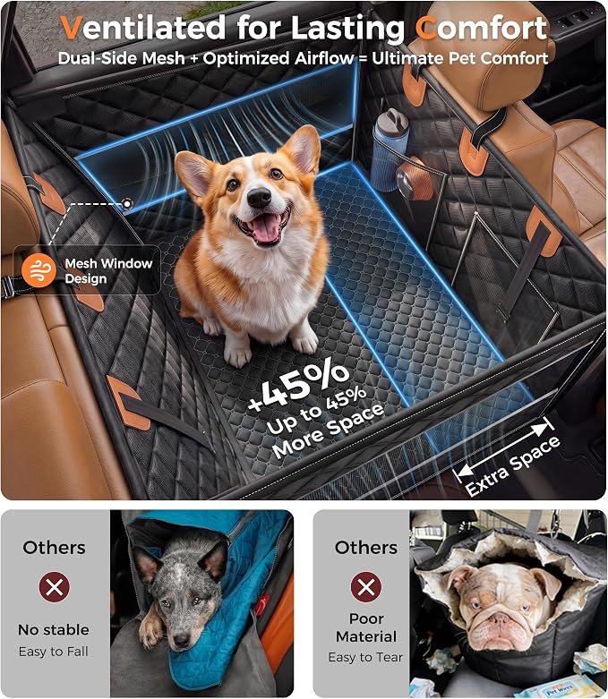 Doglike UNBREAK Hard Bottom Dog Car Seat for Back Seat [Military-Grade Protection], 450LB Ultra-Support Back Seat Extender for Dogs Carseat, Passenger Frinedly Waterproof Pet Carseat XL Size