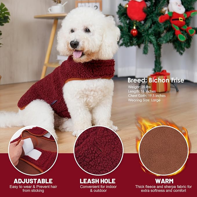 cyeollo Warm Dog Coat Fleece Sherpa Winter Sweater Coats, Turtleneck Dog Jacket Vest for Small Medium Large Dogs with Leash Hole, Soft Reversible Pet Coats for Cold Weather, Burgundy, L