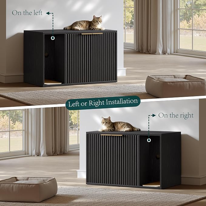 Evermagin 31.5" Cat Litter Box Enclosure Furniture with Cat Scratch Pad | Black Hidden Litter Box Cabinet, Modern Indoor Cat House, Large Fluted Kitty End Table for Living Room, Bedroom, Entryway