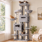 Heybly Cat Tree, 74.8-Inch Spacious & Tall Cat Tower for Large Cats HCT062W | Cat Furniture with Large Top Perch, Solid Base, 2 Cat Condos, Hanging Hammock, Durable Sisal Scratching Posts, Light Gray