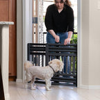 IRIS USA Pet Gate, Adjustable Width, Gray | Stair Safety, Pressure Mount System, Expandable Barrier, Walk-Through Design, One-Hand Open, No Drilling Needed