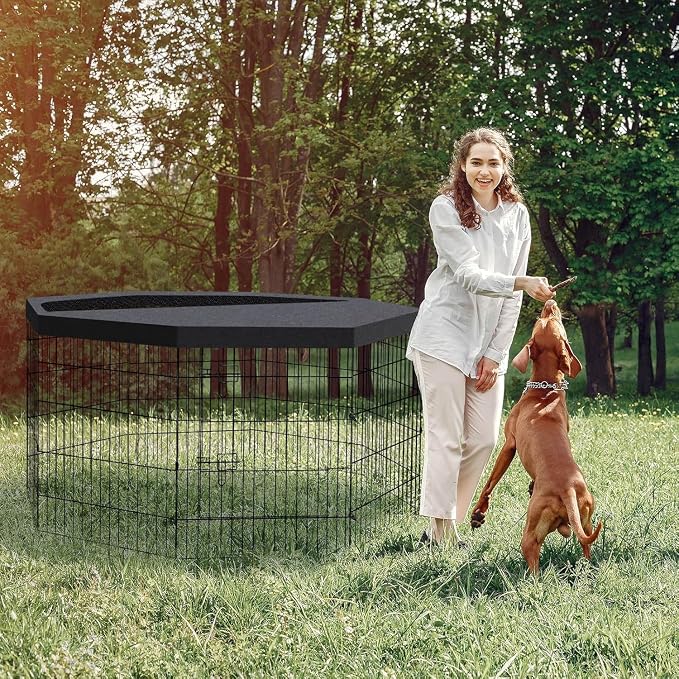Artmalle 30-Inch Dog Playpen with Top Cover, 8-Panel Rustproof Fence | 30-inch rustproof 8-panel dog playpen with mesh top cover, foldable setup and flexible shapes for indoor or outdoor use.