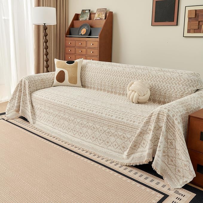 Boho Couch Cover for Sectional Sofa, Chenille Loveseat Sofa Covers Washable Pet Friendly Geometric Couch Covers