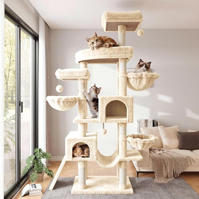 SHA CERLIN 82 inch Cat Tree Tower, Multi-Level Cat Condo with Plush Perches, Sisal Scratching Posts, Hammock and Toys, Stable Cat Tower for Kittens and Adult Cats, Beige