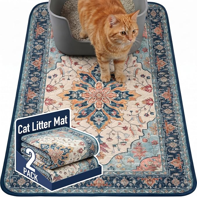 Hompet Cat Litter Mat 2 Pack, 24x36 Large Machine Washable Trapping Mats for Cats, Super Absorbent & Urine-Proof Cat Litter Box Mat for Floor, Waterproof & Non Slip Kitty Litter Rug