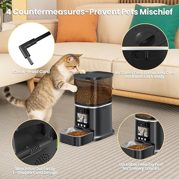 Automatic Cat Feeder with Camera, 2-Way Video& Audio, HD Video with Night Vision, 5G WiFi Pet Feeder, 5L Large Food Storage Container for Multiple Pet, Detachable for Easy Clean (Black)
