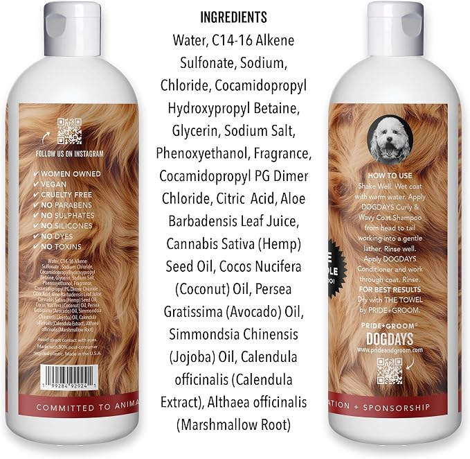 Pride and Groom DogDays Curly + Wavy Grooming Shampoo | Tearless, All-Natural Shampoo for No and Low Shedding Dogs | Moisturizing Formula for Soft, Shiny, & Healthy Fur – 16 oz
