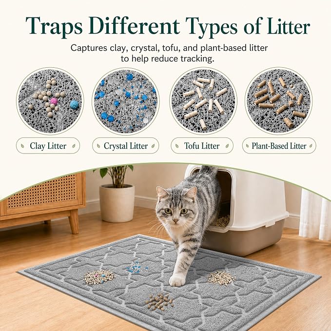 Yimobra Cat Litter Mat, Easy Clean Trapping PVC Mat, 47" x 36", Waterproof Backing, Non Slip Bottom, Scatter Control Pad for Litter Box, Grey