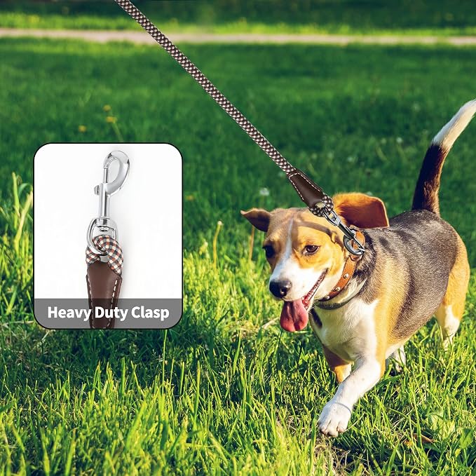 Mile High Life Dog Leash with Genuine Leather Handle, 4/5/6 FT | Comfortable Leather Grip Rope Leash, Heavy Duty 360° Swivel Metal Clasp, for Small Medium & Large Dogs (Brown Plaid, 60 Inch)