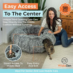 WiskaDen XL Plush Cat Tunnel Bed with Toy and Elderly Feline Access. 3-in-1 Dark Grey Fluffy Donut Cushion. Circle Tube for Indoor Cats Leisure, Hiding Spot, Dog Bed, or Rabbit Cave