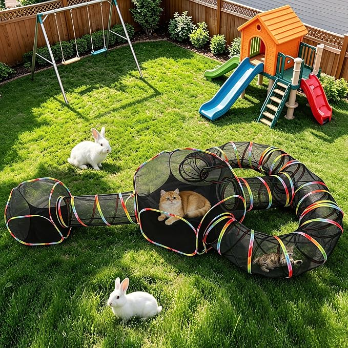 CypherX Outdoor Cat Enclosure,Portable Cat Tent with Tunnel Popup Catio | 4-in-1 modular design: 2 tents,11.8" wide tunnels & carry bag. Durablepop-up setup for small animals, rabbits & cats.