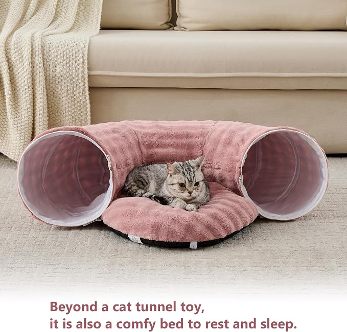 Bubble Round Cat Tunnel for Indoor Cats, Dusty Pink | Peekaboo Cave Toy with Dangling Balls, Donut Tunnel Bed with Circle Mat for Puppy Kitten Rabbit