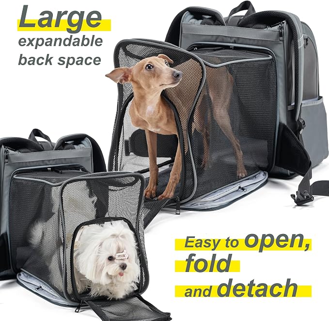 Expandable Pet Carrier, Airline-Approved Foldable and Detachable Backpack, Fits 13lbs Cat&11lbs Small Puppy Dog, for Car Travel,Camping and Emergency Transportation and Shelter (Grey)