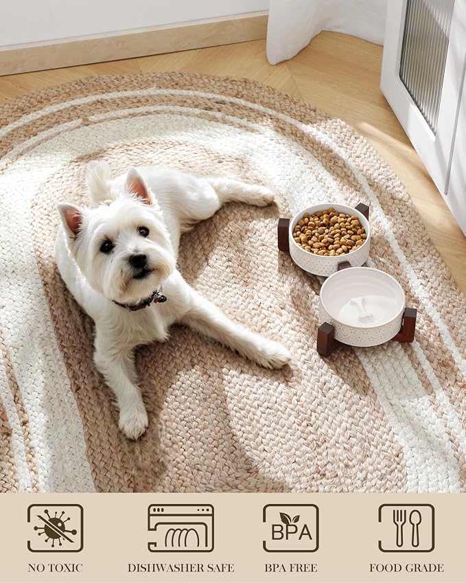 MALACASA Dog Bowl Set, Ceramic Bowls with Walnut Wood Stand, 1.5 Cups | Five-leaf grass and honeycomb design, non-slip base, for cats and dogs, about 26% heavier than similar ceramic bowls