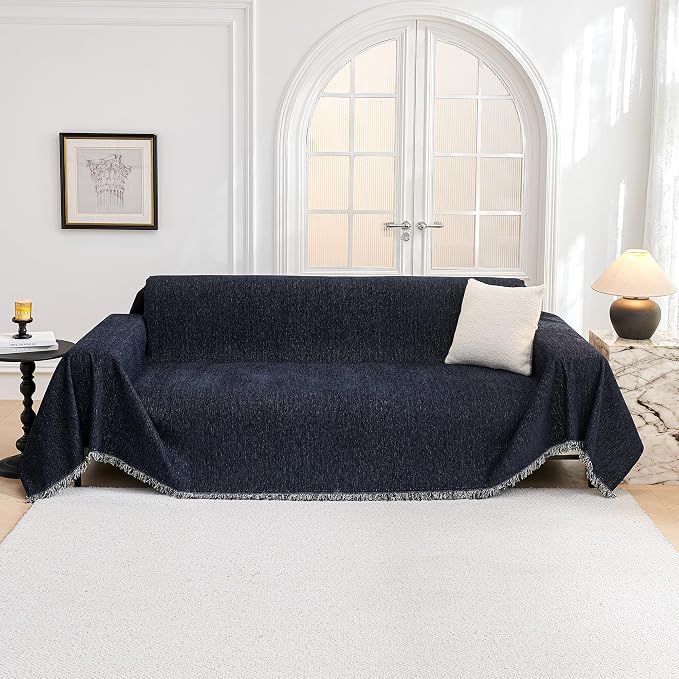 MYSKY HOME Couch Cover for Dogs Washable Couch Covers for 3 Cushion Couch Sofa Super Soft Sofa Slipcover Non Slip Sofa Cover, Chenille Sofa Covers for Dogs, Furniture Protector, 91"x134", Navy Blue